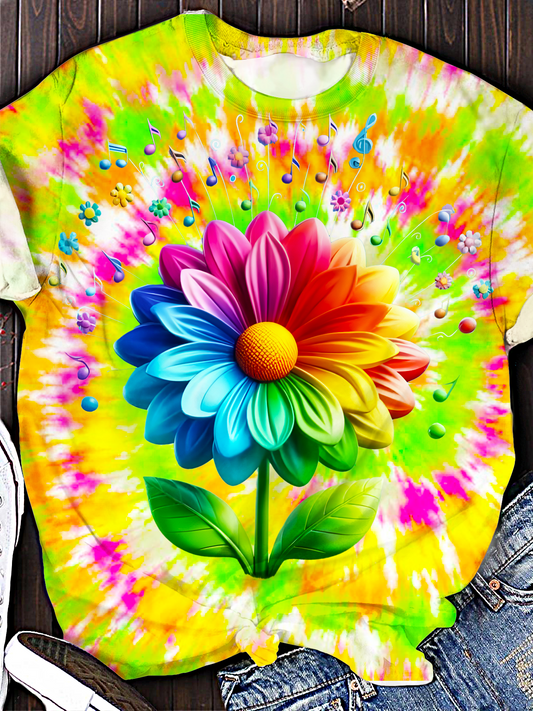 Colorful Tie-dye Hippie Music Flower Art Crew Neck T-shirt