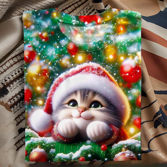 Christmas Cute Cat Crew Neck T-shirt