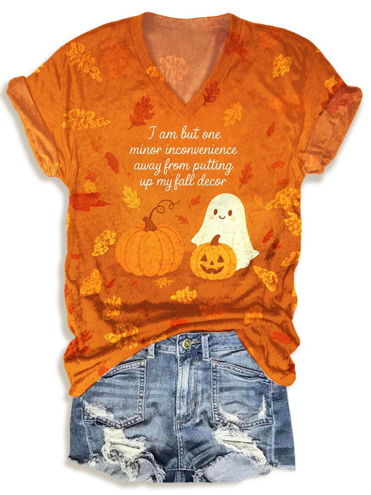 Halloween Autumn Ghost Print V-neck T-Shirt
