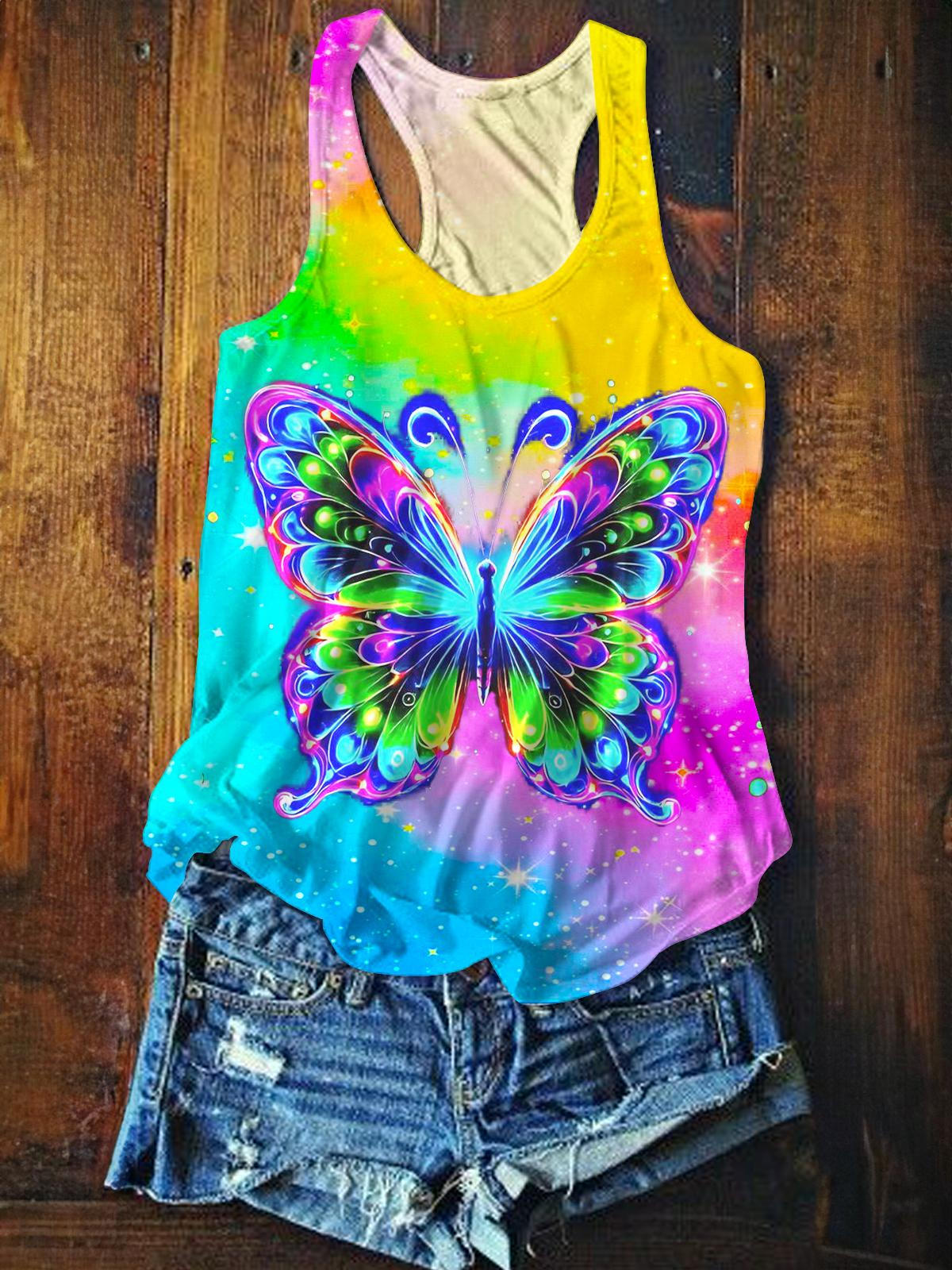 Colorful Butterfly Printed Casual Tank Top