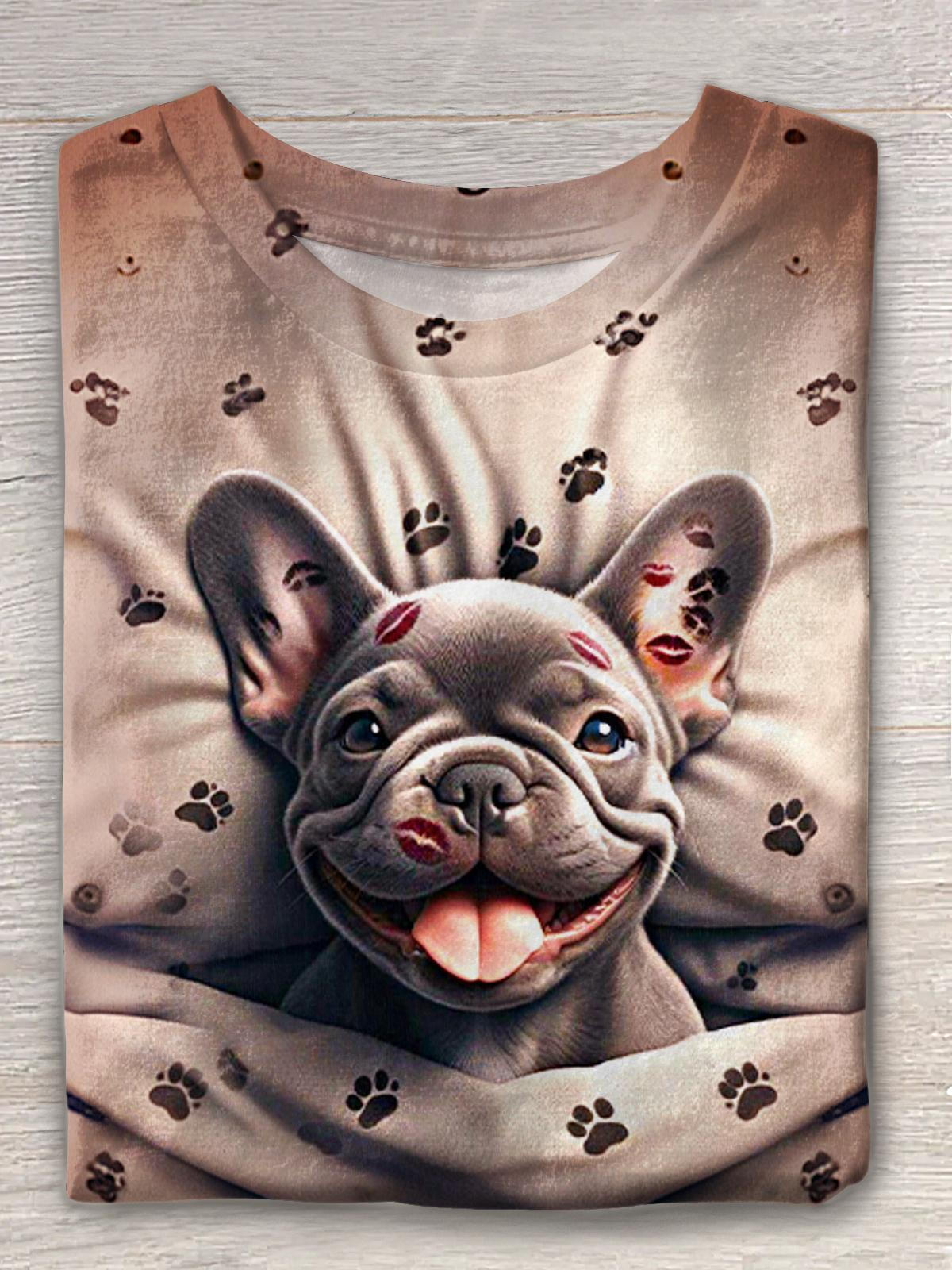 Cute Valentine's Day Kissing Puppy Print Crew Neck T-shirt