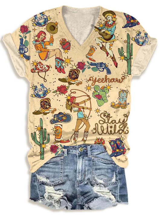 Vintage Denim Western Print V-neck T-Shirt