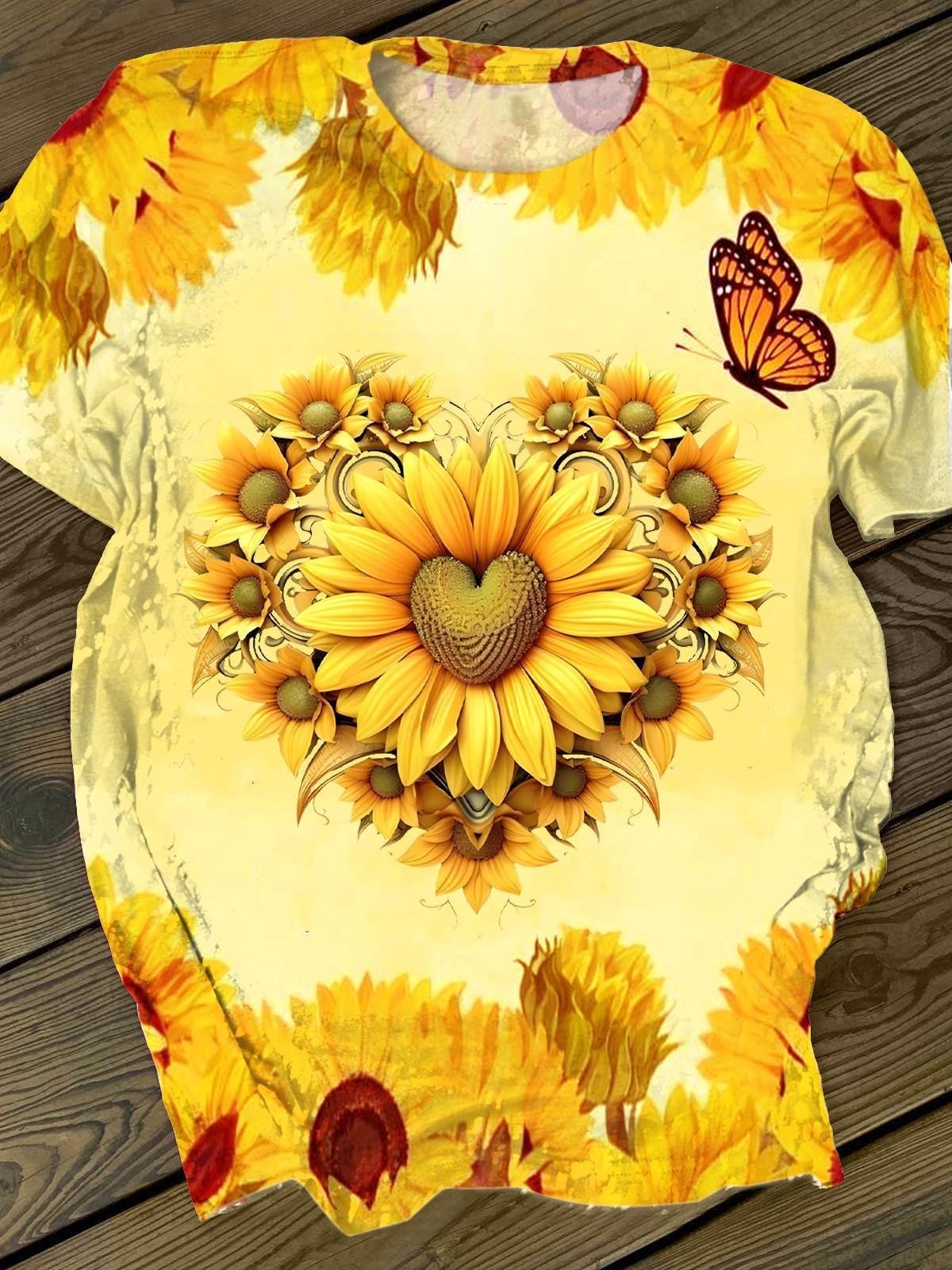 Retro Sunflower Heart Print Crew Neck T-shirt