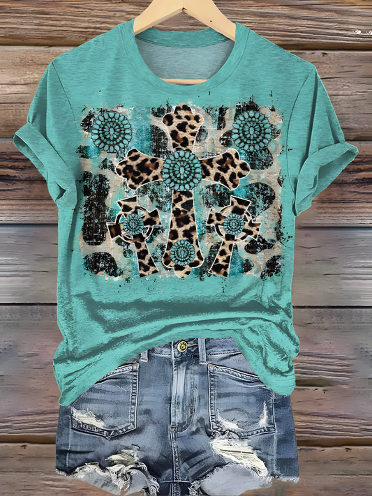 Vintage Turquoise Leopard Cross Graphic Crew Neck T-shirt