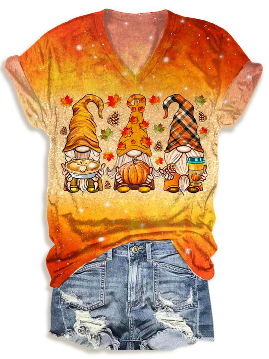Vintage Chuseok Pumpkin Gnome Print V-neck T-Shirt