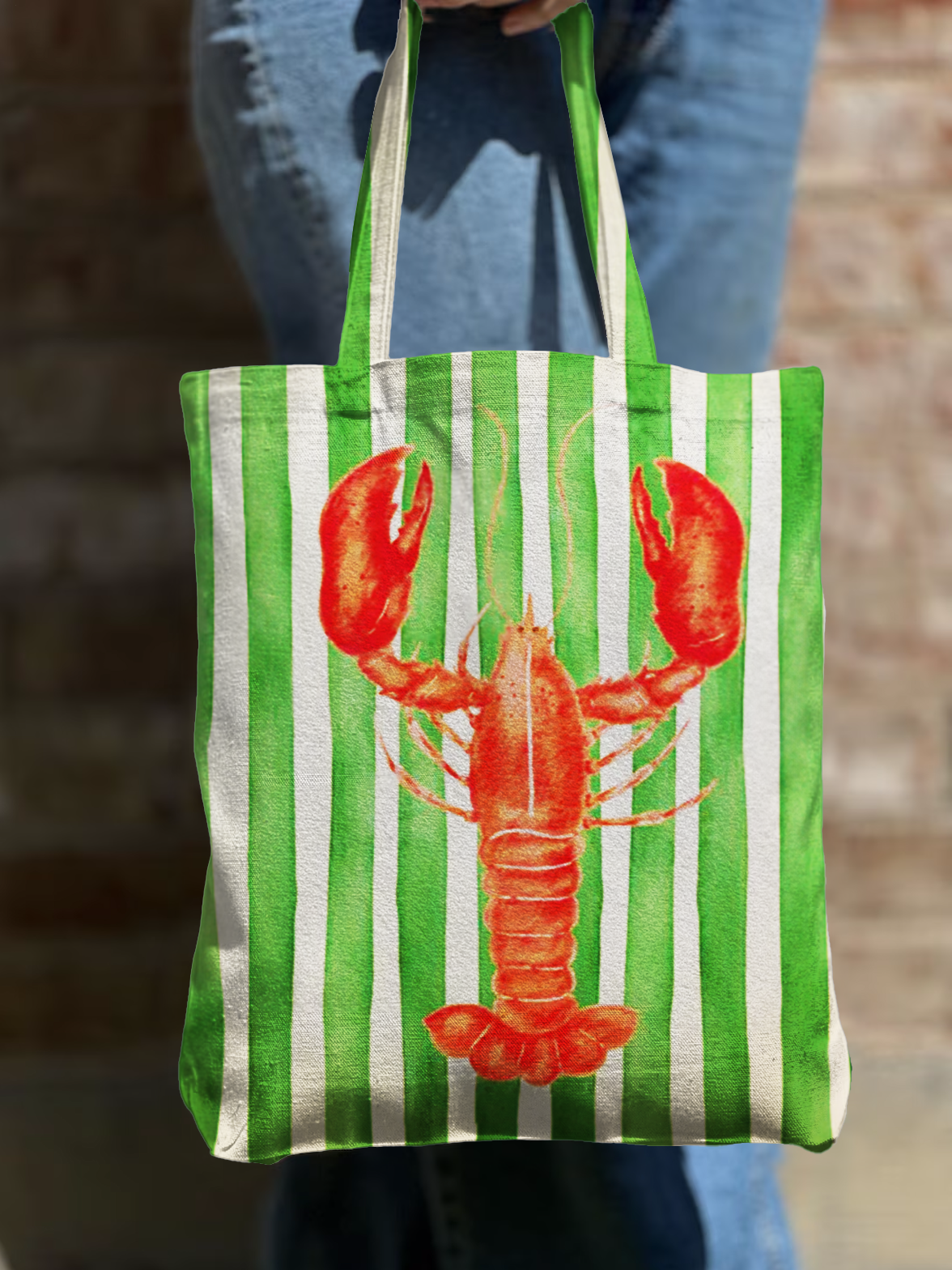 Vacation Striped Crawfish Art Shoulder Zipper Canvas Bag