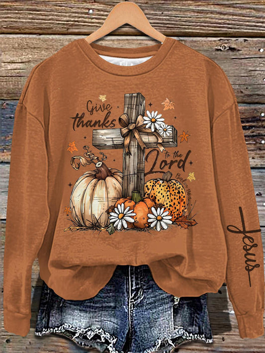 Autumn Pumpkin Jesus Print Long Sleeve Casual Top