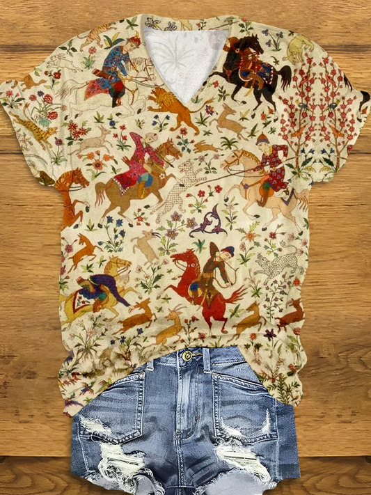 Classic Western Floral Horse Art V-neck T-Shirt