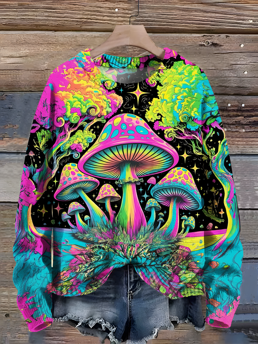 Magic Hippie Mushrooms Print Casual Crew Neck Pullover Sweater