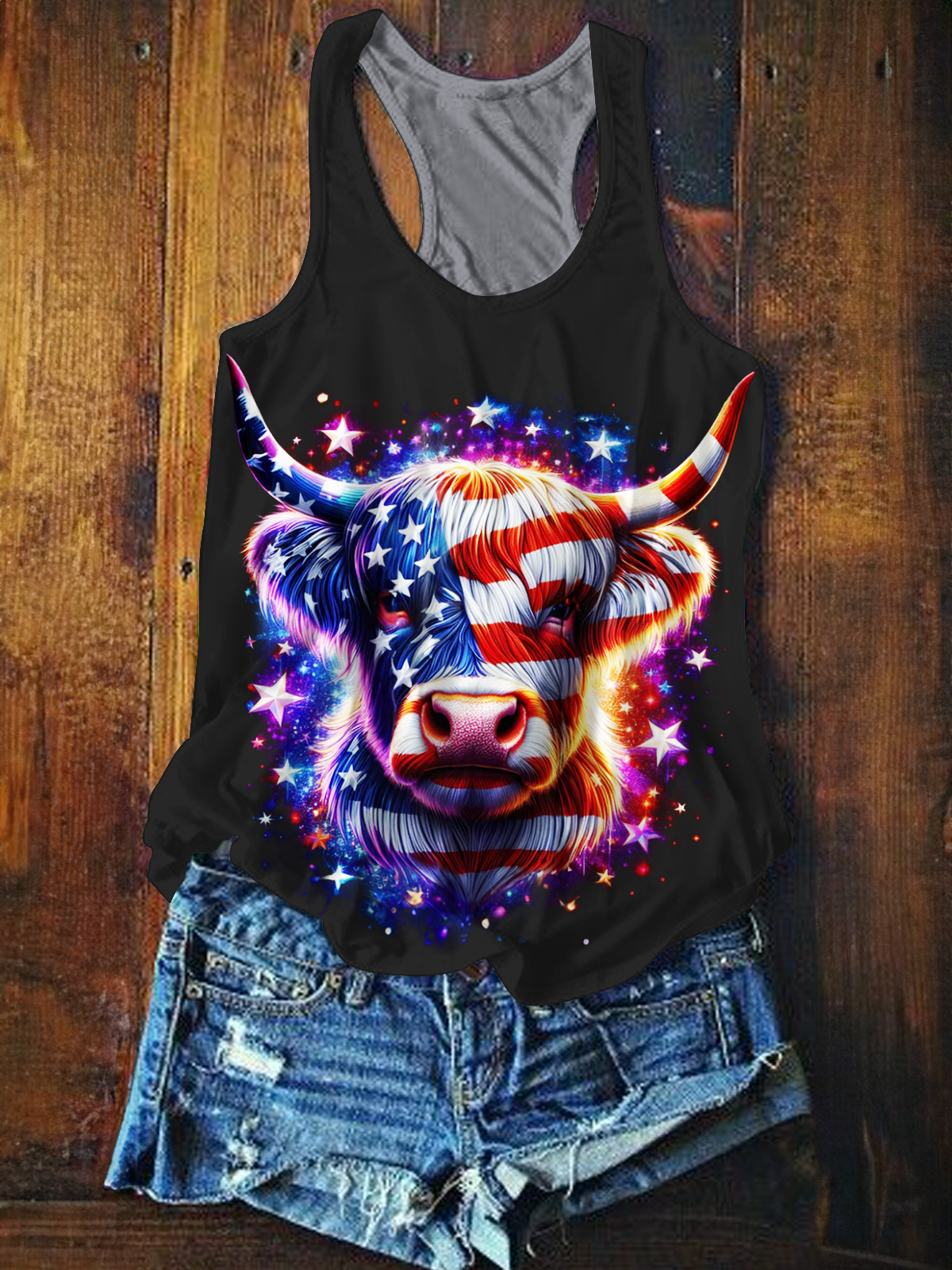 American Flag Highland Cow Printed Casual Tank Top