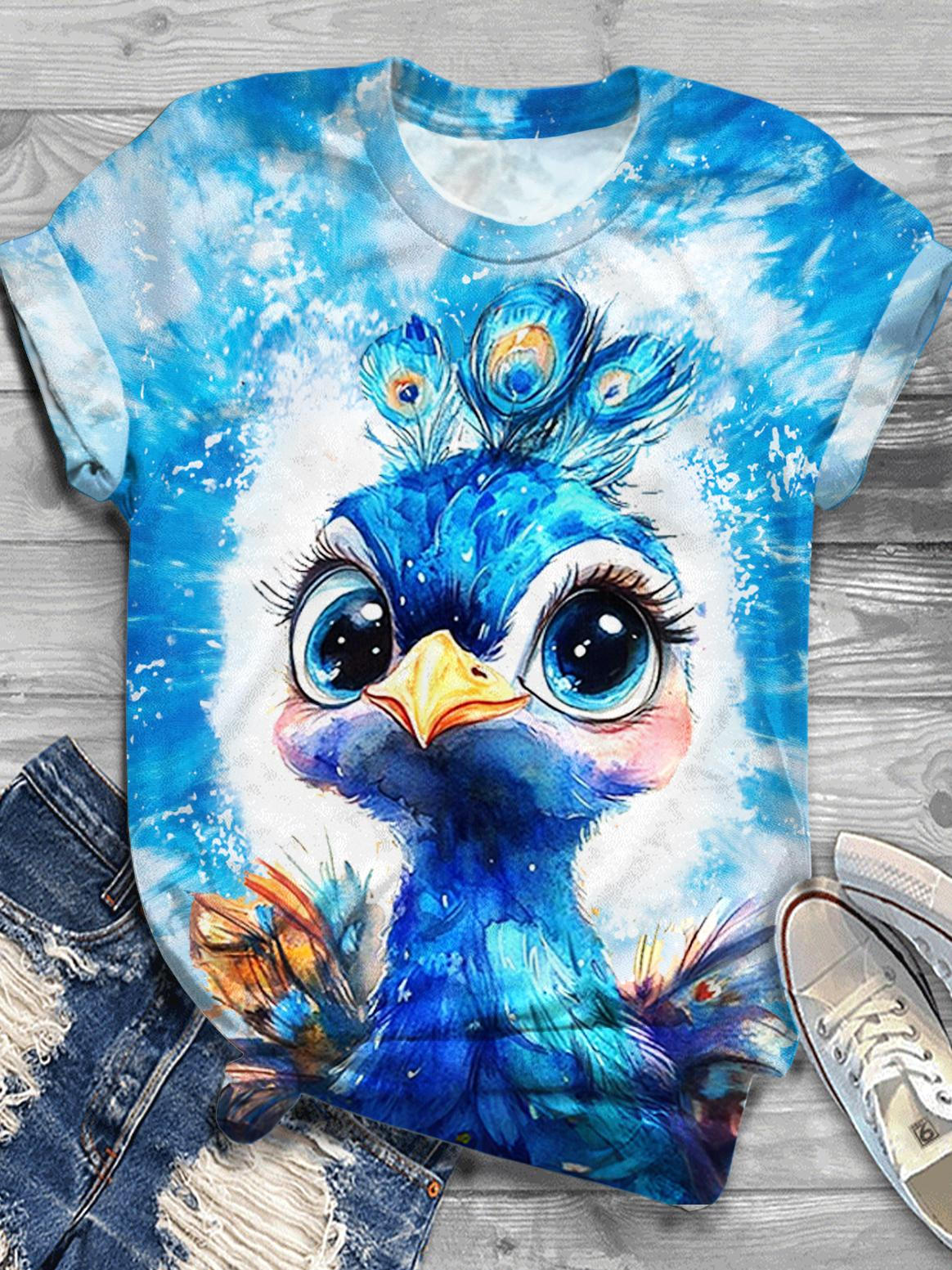 Cute Peacock Printed Crew Neck T-shirt