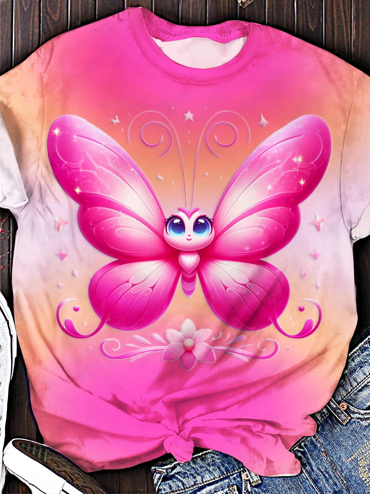 Funny Cartoon Butterfly Crew Neck T-shirt