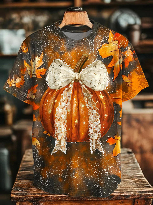 Autumn Pumpkin Bow Printed Crew Neck T-shirt