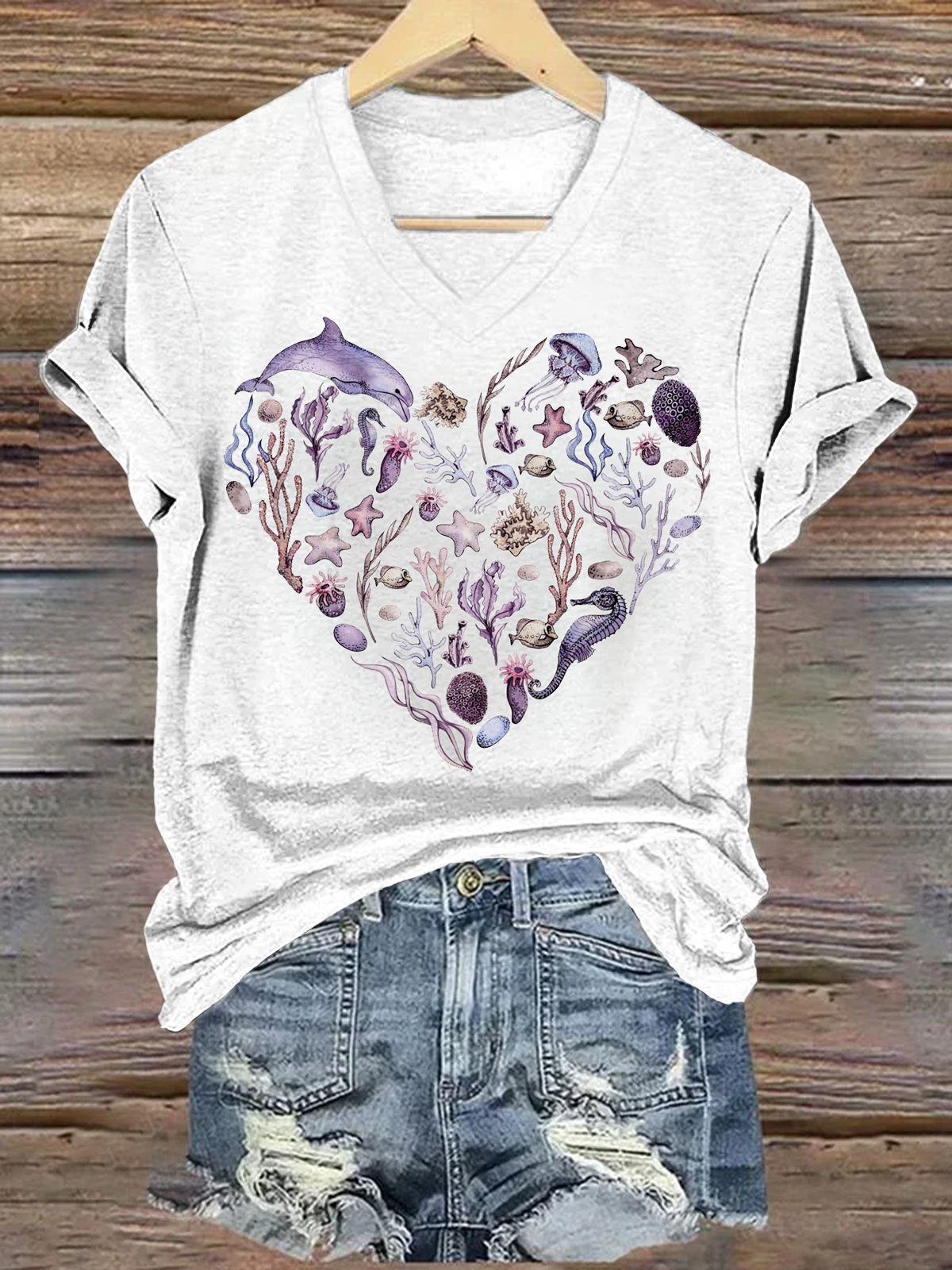 Heart Design Sea Animals Crew Neck T-shirt