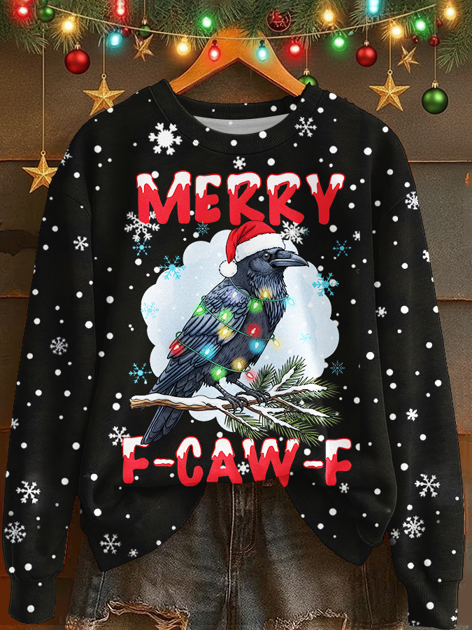 Merry Christmas F-Caw-F Crow Printed Long Sleeve Casual Top