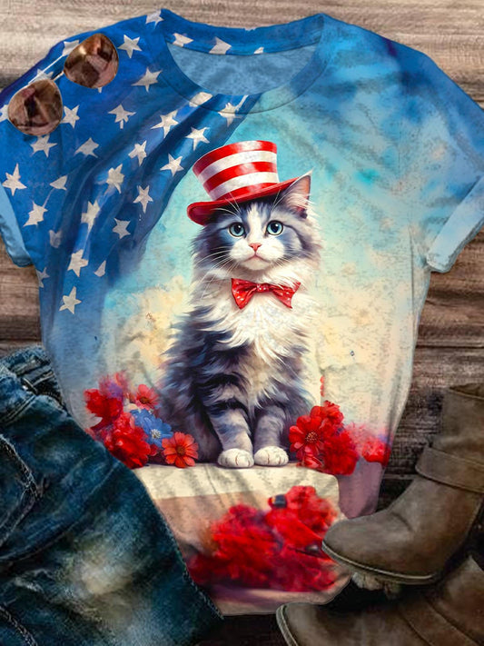 Cute Flag Cat Crew Neck T-shirt
