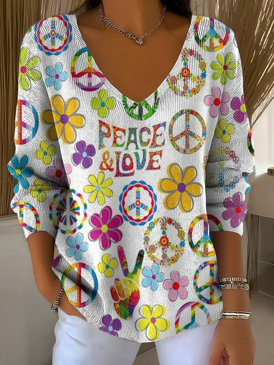 Colorful Hippie Love And Peace Art Casual V Neck Pullover Sweater