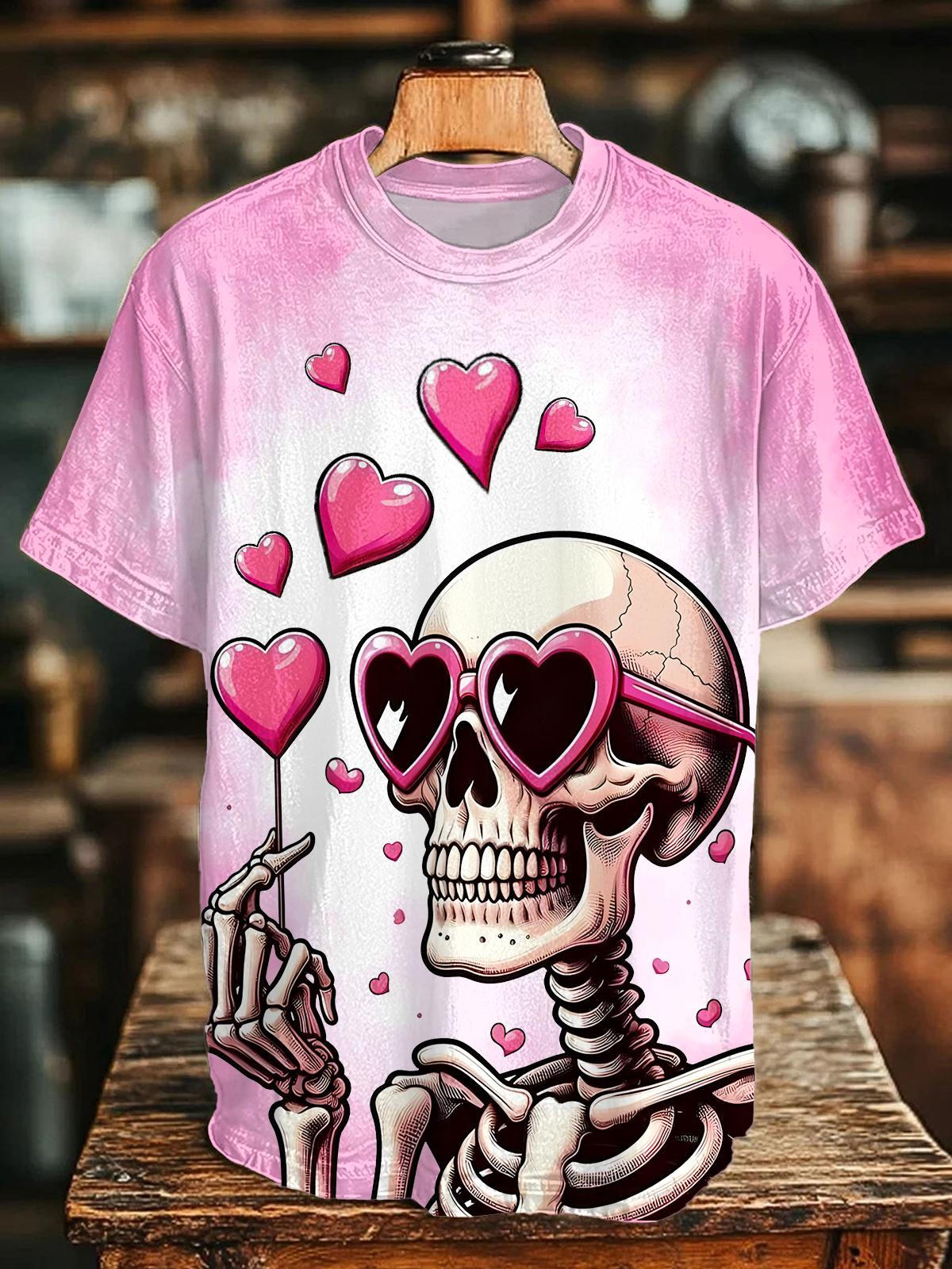 Halloween Heart Skull Print Crew Neck T-shirt