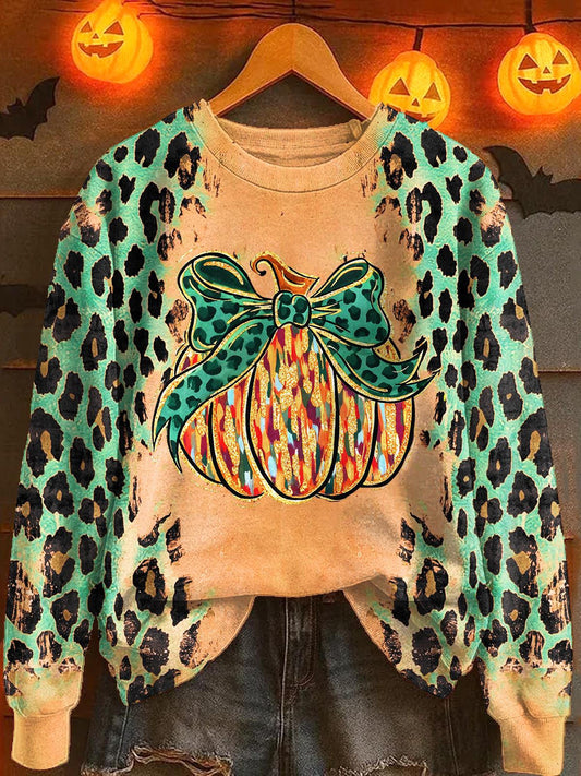 Halloween Leopard Print Pumpkin Printed Long Sleeve Casual Top