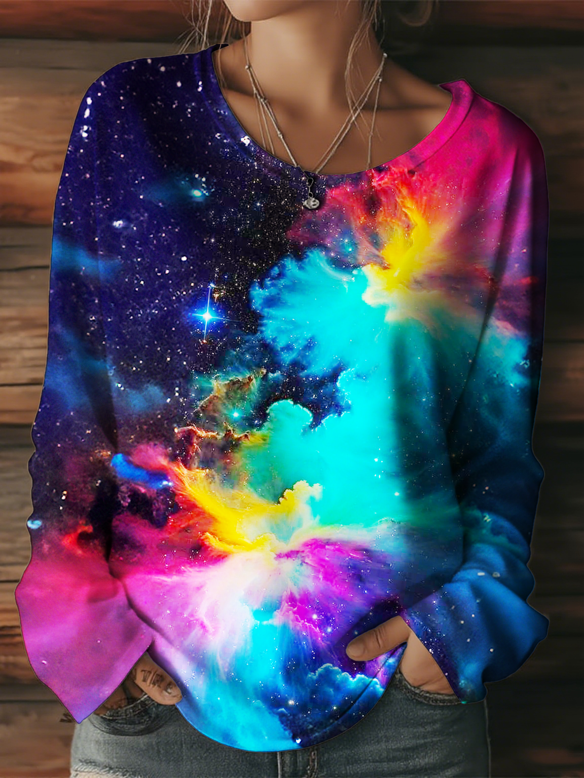 Colorful Hippie Tie-dye Clouds Women's Round Neck Long Sleeve T-shirt