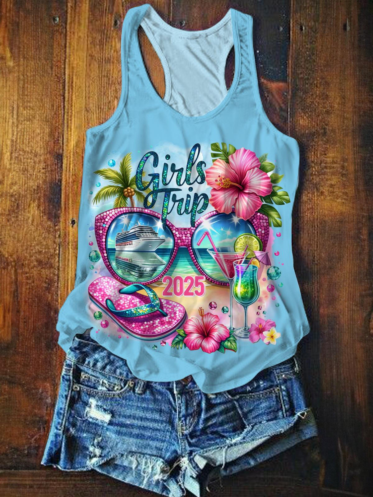 Blue Girls Trip Printed Casual Tank Top