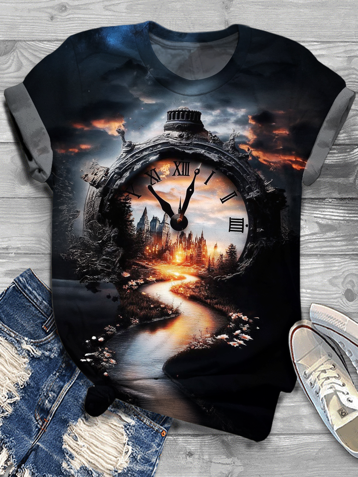 Vintage Sunset Pocket Watch Crew Neck T-shirt