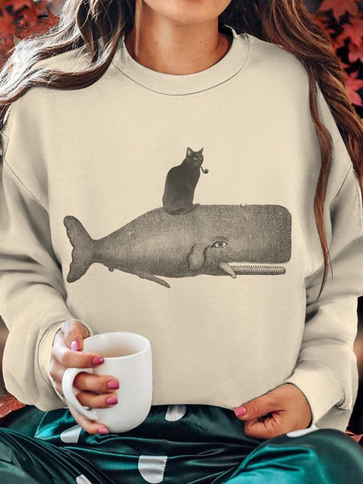 Black Cat Riding Whale Vintage Collage Printed Long Sleeve Casual Top