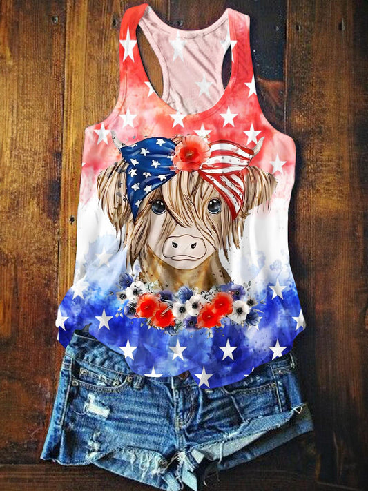 Vintage Floral Highland Cow Independence Day Printed Casual Tank Top