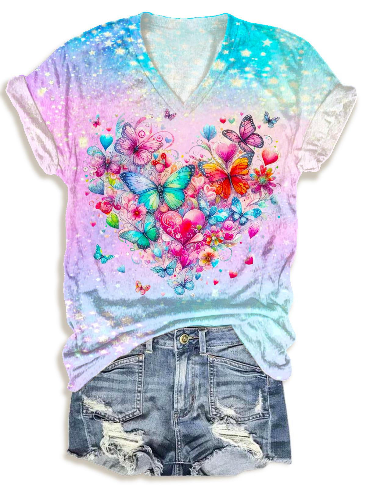 Women's Valentine's Day Heart Butterfly Print V-Neck T-Shirt