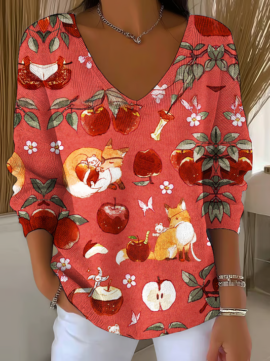 Autumn Apple Fox Casual V Neck Pullover Sweater