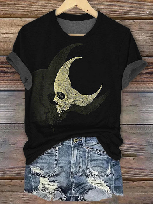 Halloween Gothic Skull Print Crew Neck T-shirt