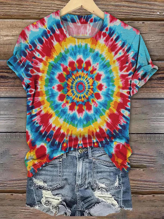 Rainbow Tie-Dye Mandala Graphic Crew Neck Short Sleeve T-Shirt Retro Ethnic Style Women's Tee