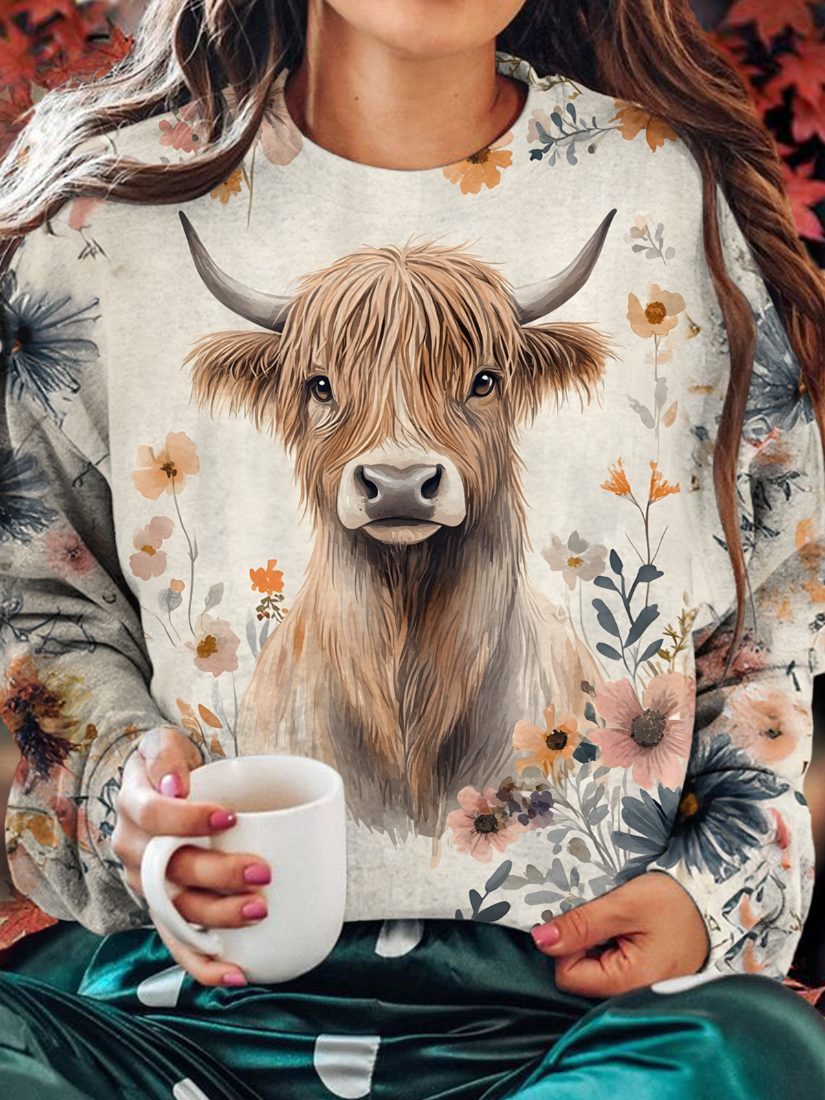 Vintage Autumn Wildflowers Highland Cattle Printed Long Sleeve Casual Top