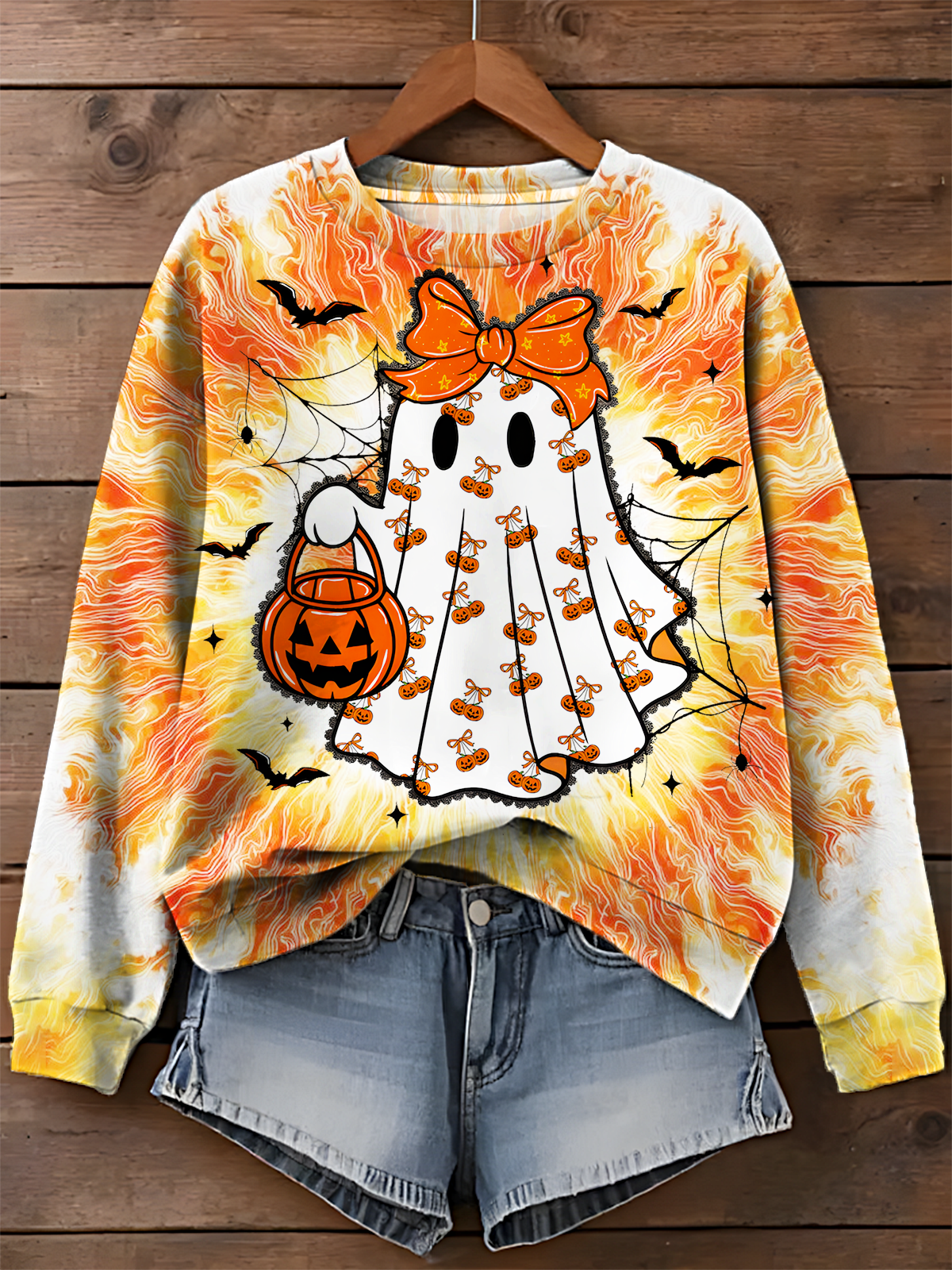 Vintage Tie-Dye Halloween Pumpkin Ghost Printed Long Sleeve Casual Top