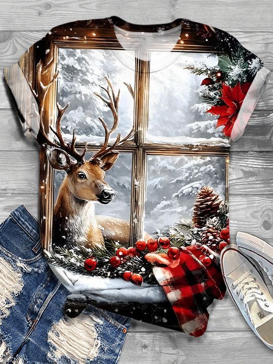 Vintage Christmas Window Clipart Watercolor Deer Crew Neck T-shirt