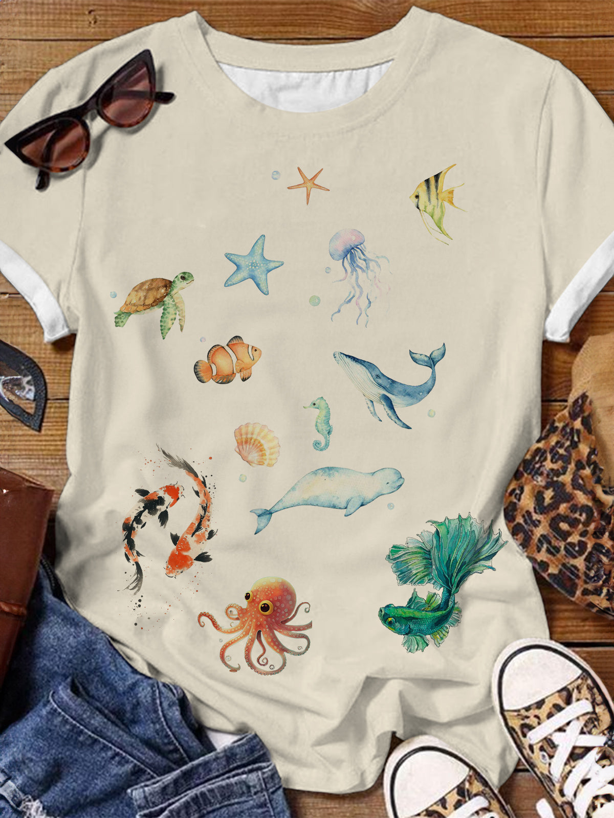 Animal Painting Prints Crew Neck T-shirt