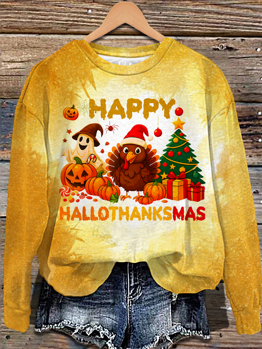 Ghosts Hallothanksmas Triple Holiday Printed Long Sleeve Casual Top