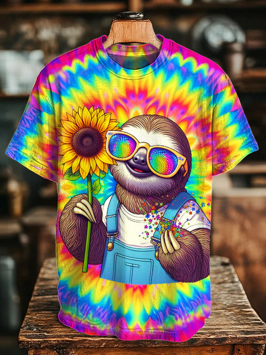 Vintage Tie-Dye Hippie Sunflower Sloth Crew Neck T-shirt