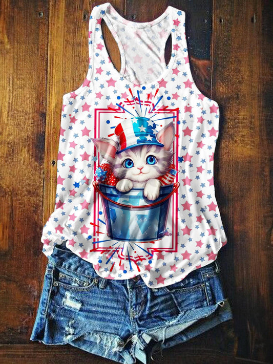 Cute Independence Day Cat Printed Casual Tank Top