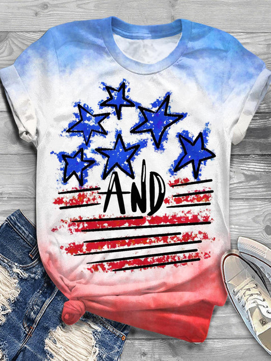 Independence Day Stars And Stripes Vintage Print Crew Neck T-shirt