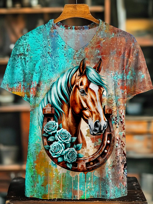 Vintage Western Floral Horseshoe Art V-neck T-Shirt