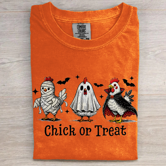 Funny Halloween Chicken Chick or Treat Washed Cotton Crew Neck T-Shirt