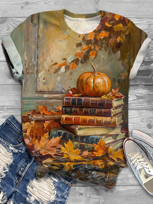 Book Stack Maple Leaf Pumpkin Season Crew Neck T-shirt