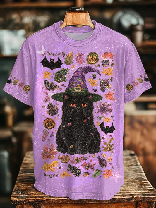 Halloween Witch Cat Crew Neck T-shirt