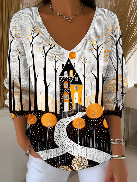 Retro Geometric Autumn Colors Casual V Neck Pullover Sweater