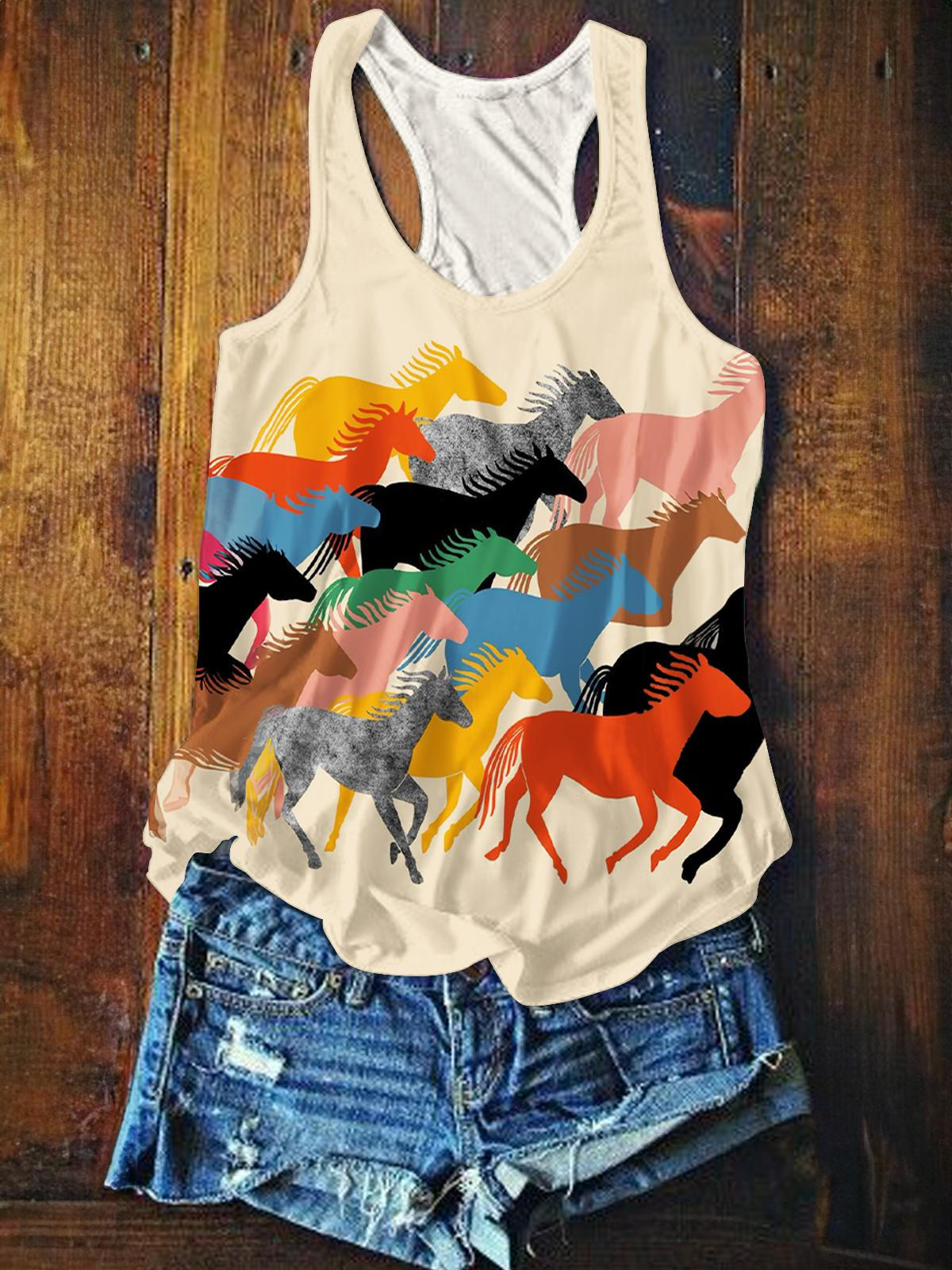 Western Horse Print Casual Tank Top