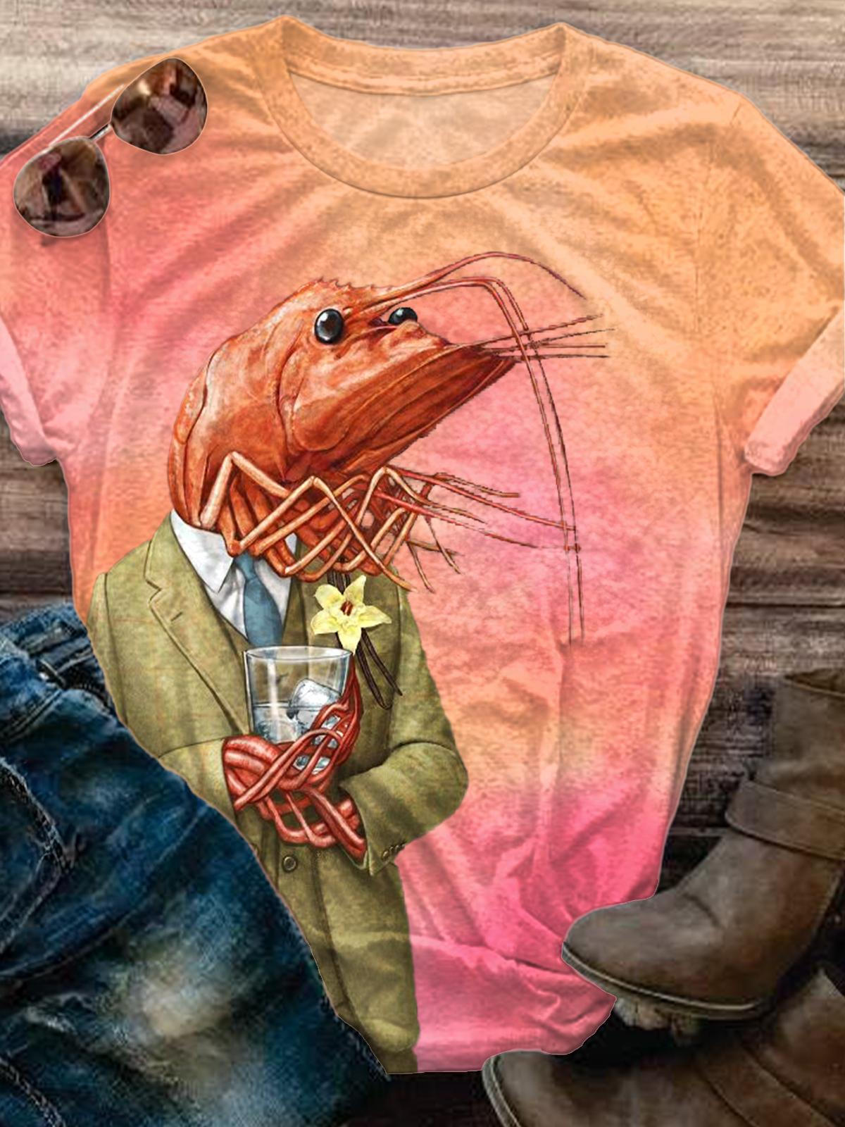 Funny Crayfish Printed Crew Neck T-shirt