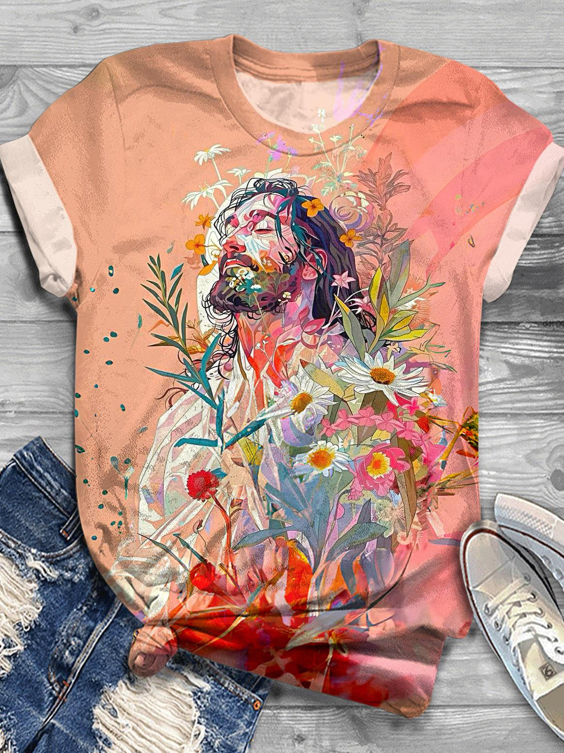 Women's Retro Flower Jesus Print Crew Neck T-shirt