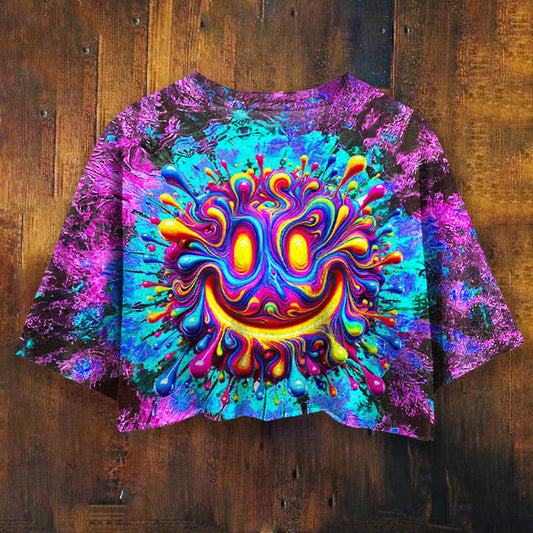 Hippie Colorful Smiley Face Printed Umbilized T-shirt