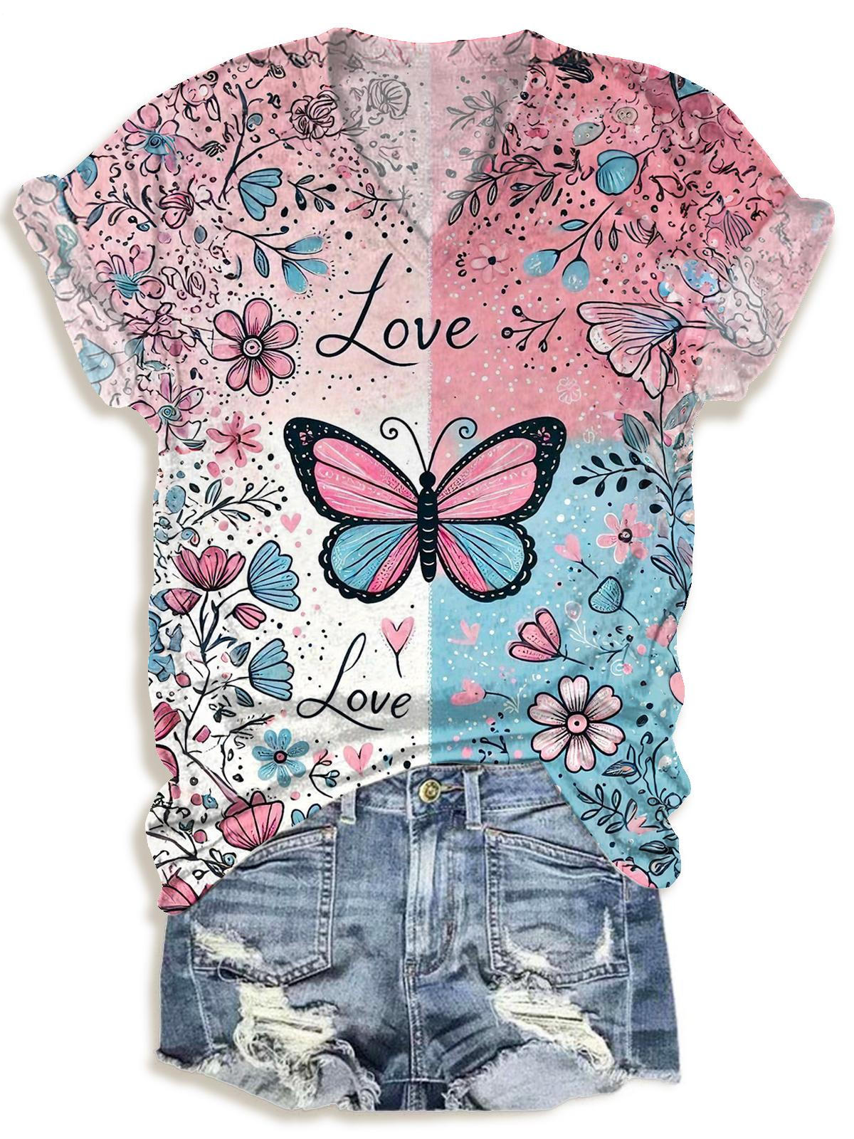 Flower Butterfly Print V-neck T-Shirt